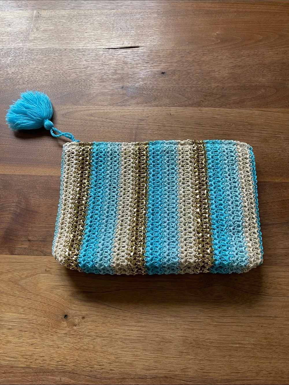 Shiraleah Chicago Striped Crochet straw Tassel Clutch - Aqua, Gold & Cream